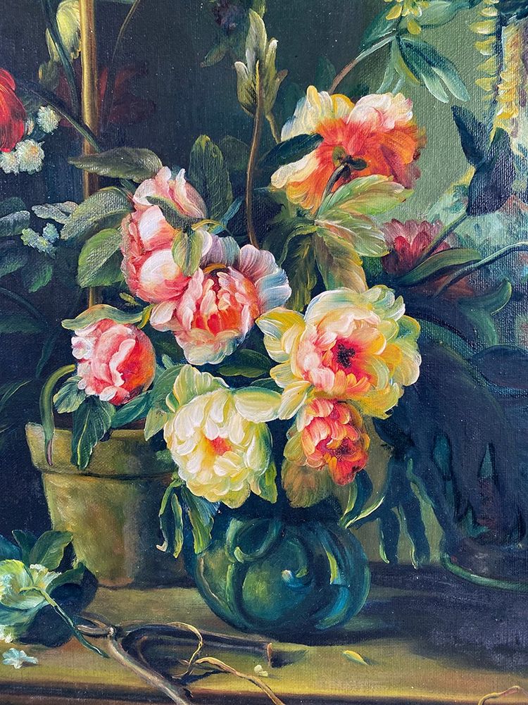 "Bouquets de fleurs sur entablement" (Blumensträuße auf einem Gesims), Öl auf gerahmter Leinwand. 20. Jahrhundert