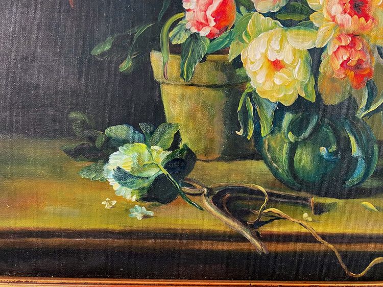 "Bouquets de fleurs sur entablement" (Blumensträuße auf einem Gesims), Öl auf gerahmter Leinwand. 20. Jahrhundert