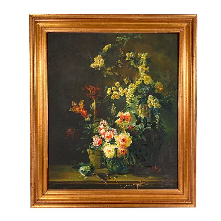 "Bouquets de fleurs sur entablement" (Blumensträuße auf einem Gesims), Öl auf gerahmter Leinwand. 20. Jahrhundert