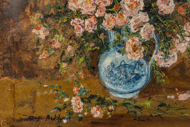 Serge Belloni (1925-2005) - Bouquet of Roses in a Delft Vase, Oil on Canvas circa 1970