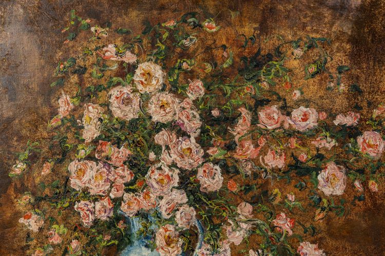 Serge Belloni (1925-2005) - Bouquet of Roses in a Delft Vase, Oil on Canvas circa 1970