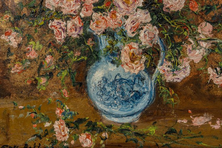 Serge Belloni (1925-2005) - Bouquet of Roses in a Delft Vase, Oil on Canvas circa 1970