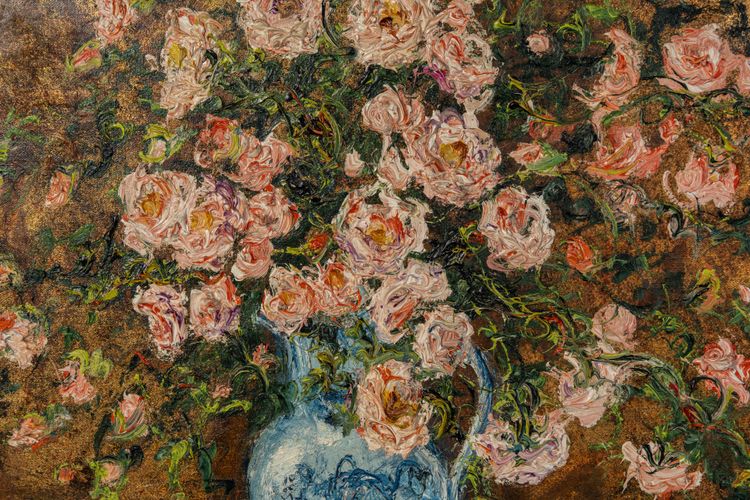 Serge Belloni (1925-2005) - Bouquet of Roses in a Delft Vase, Oil on Canvas circa 1970