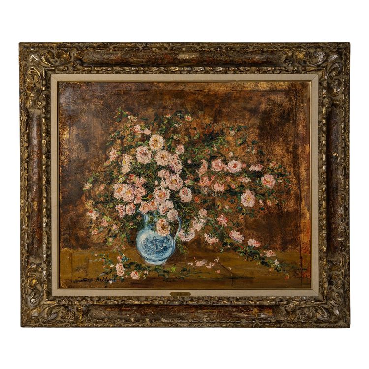 Serge Belloni (1925-2005) - Bouquet of Roses in a Delft Vase, Oil on Canvas circa 1970