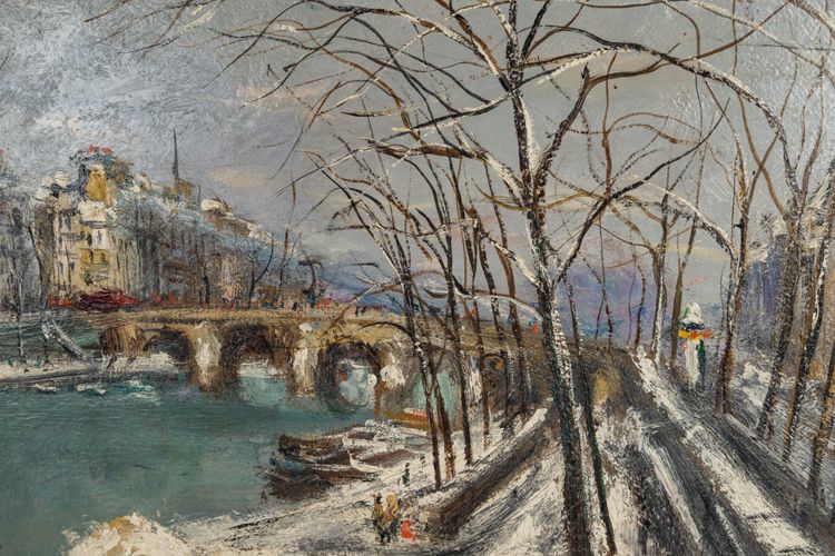 Serge Belloni (1925-2005) - The Pont Marie and the snow-covered Ile Saint-Louis Oil on Wood, circa 1