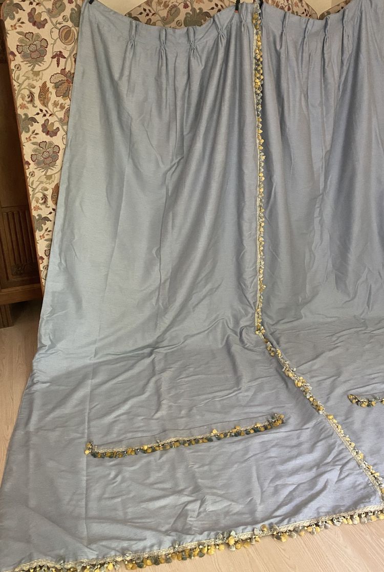 Pair of sky-blue cotton and silk thermal blackout curtains with decorative braids