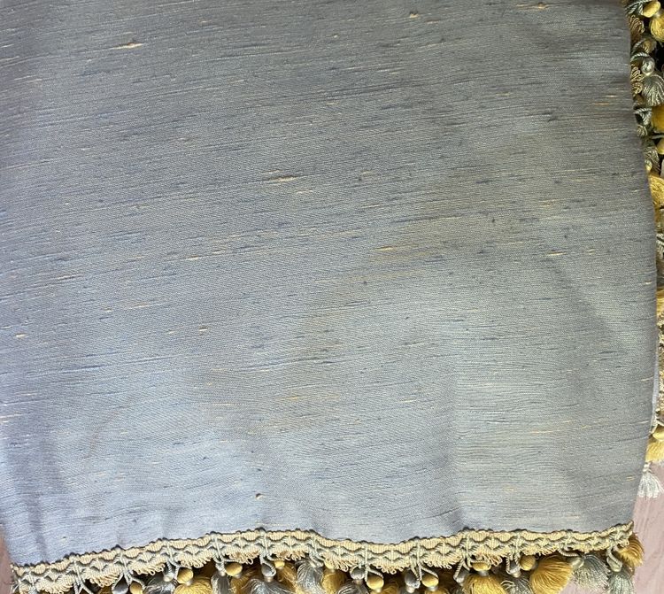 Pair of sky-blue cotton and silk thermal blackout curtains with decorative braids