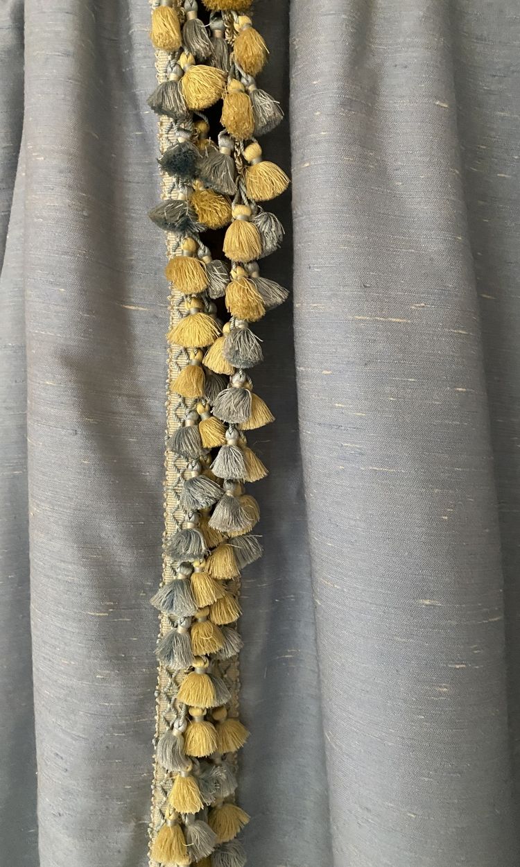 Pair of sky-blue cotton and silk thermal blackout curtains with decorative braids
