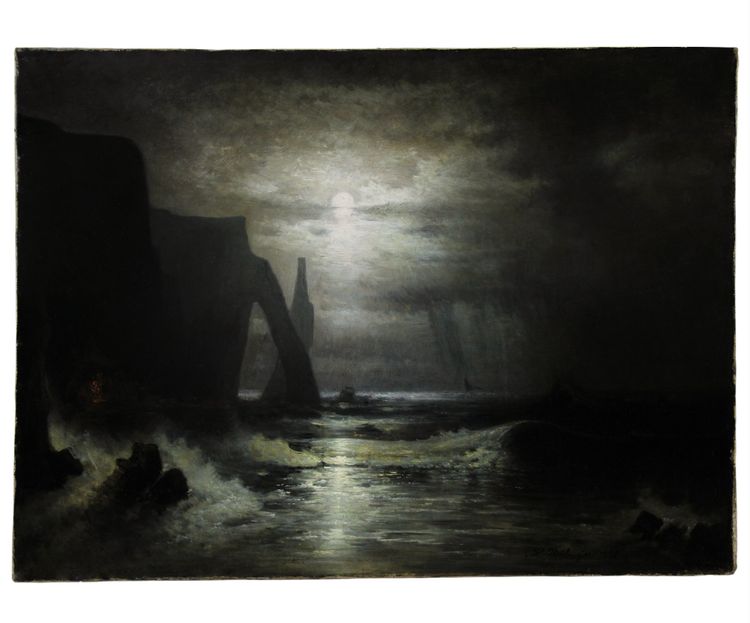 Französische Küstenszene von Étretat bei Mondschein von Karl Heilmayer aus dem Jahr 1898