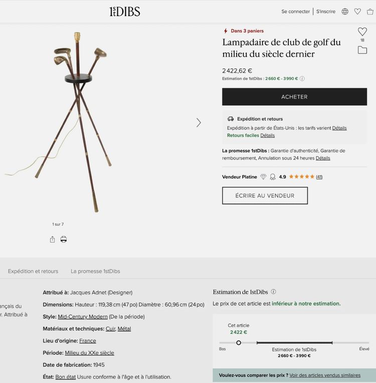 ADNET Jacques. ( zugeschrieben ) Stehlampe Golf aus der Mitte des Jahrhunderts aus Leder und Messing