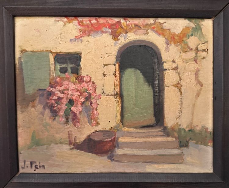Huile sur panneau par Jeanne Prin façade de maison fleurie