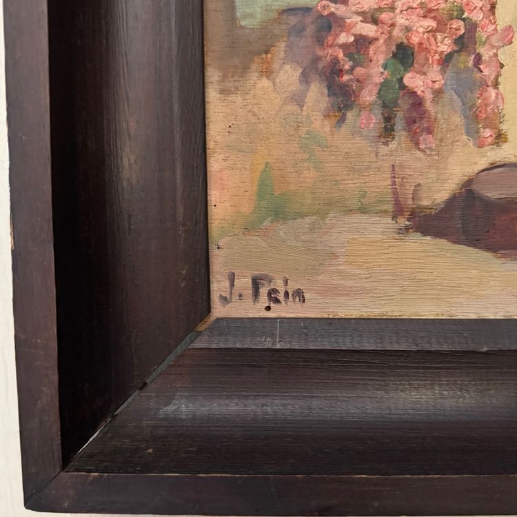 Huile sur panneau par Jeanne Prin façade de maison fleurie