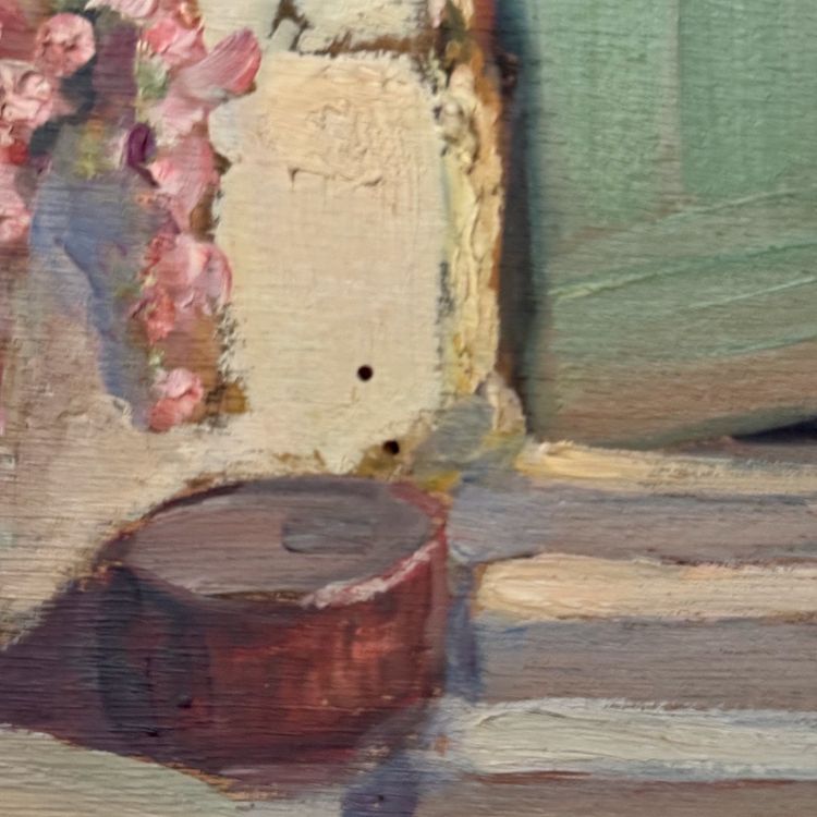 Huile sur panneau par Jeanne Prin façade de maison fleurie