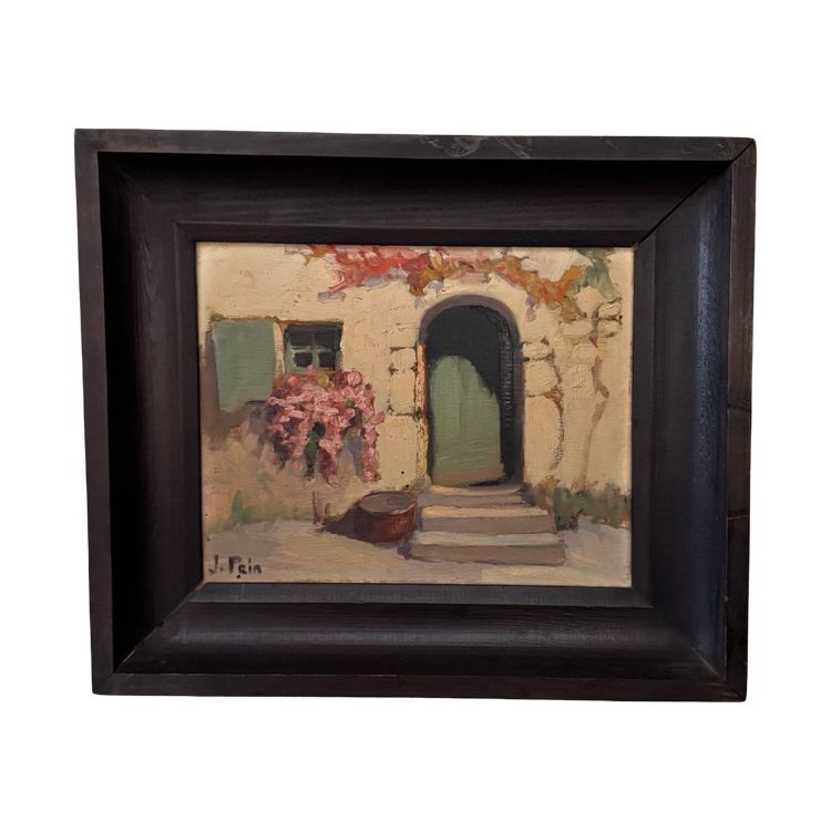 Huile sur panneau par Jeanne Prin façade de maison fleurie