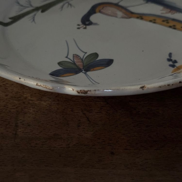 18th century La Rochelle earthenware plate with peacock and butterfly design