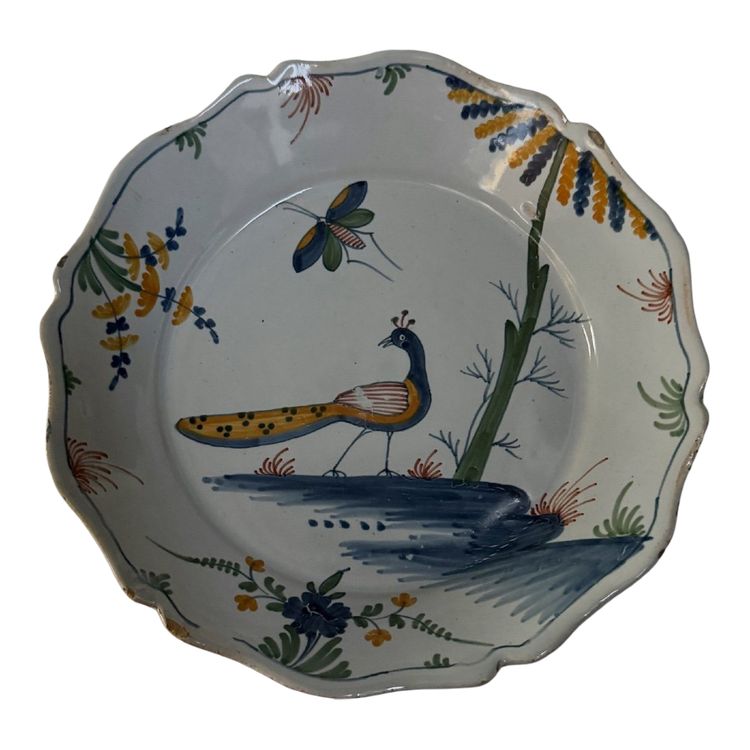 18th century La Rochelle earthenware plate with peacock and butterfly design