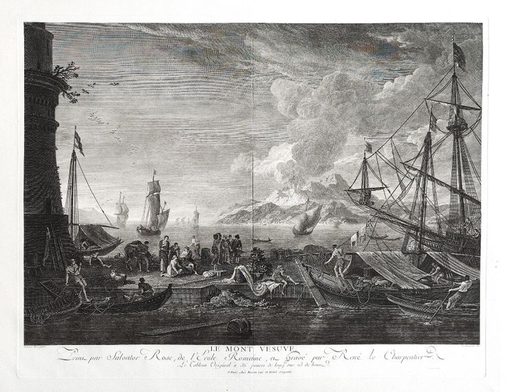 Vesuvius Italy Engraving  Seascape View Of The Port Large Etching 18th C after Salvator Rose