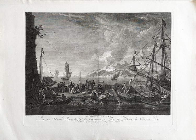 Vesuvius Italy Engraving  Seascape View Of The Port Large Etching 18th C after Salvator Rose