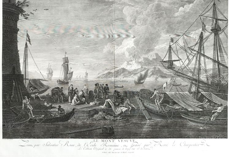 Vesuvius Italy Engraving  Seascape View Of The Port Large Etching 18th C after Salvator Rose