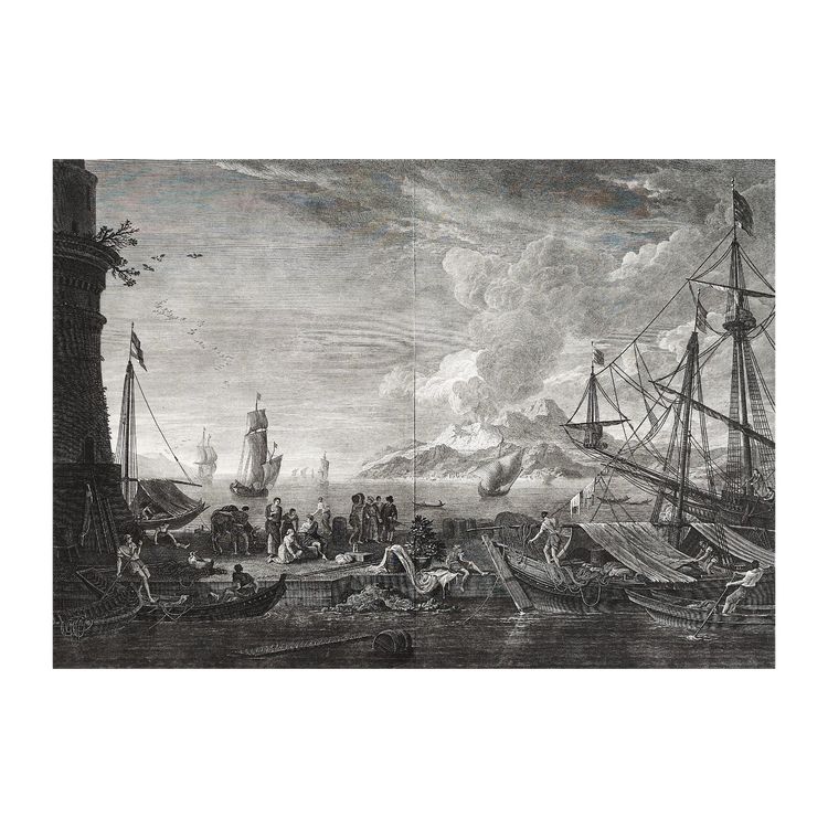Vesuvius Italy Engraving  Seascape View Of The Port Large Etching 18th C after Salvator Rose
