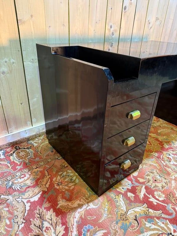 Bureau laqué noir de style Art Déco et sa chaise 