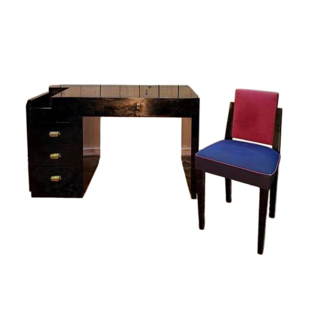 Bureau laqué noir de style Art Déco et sa chaise 