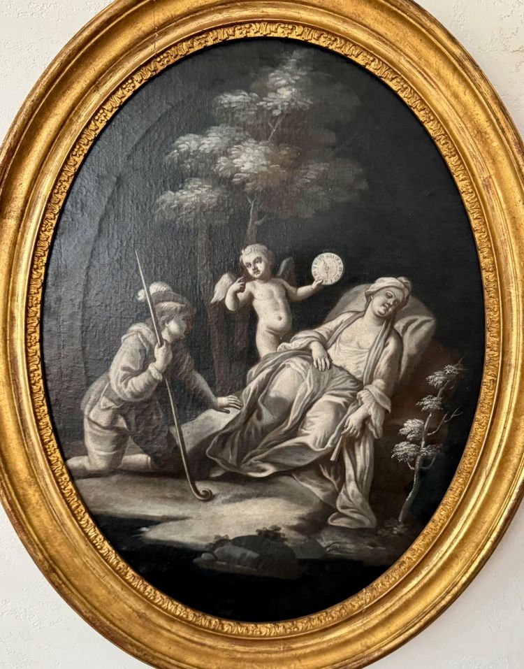 Paire de grandes grisailles en medaillons  « scène à l’antique » 18ème