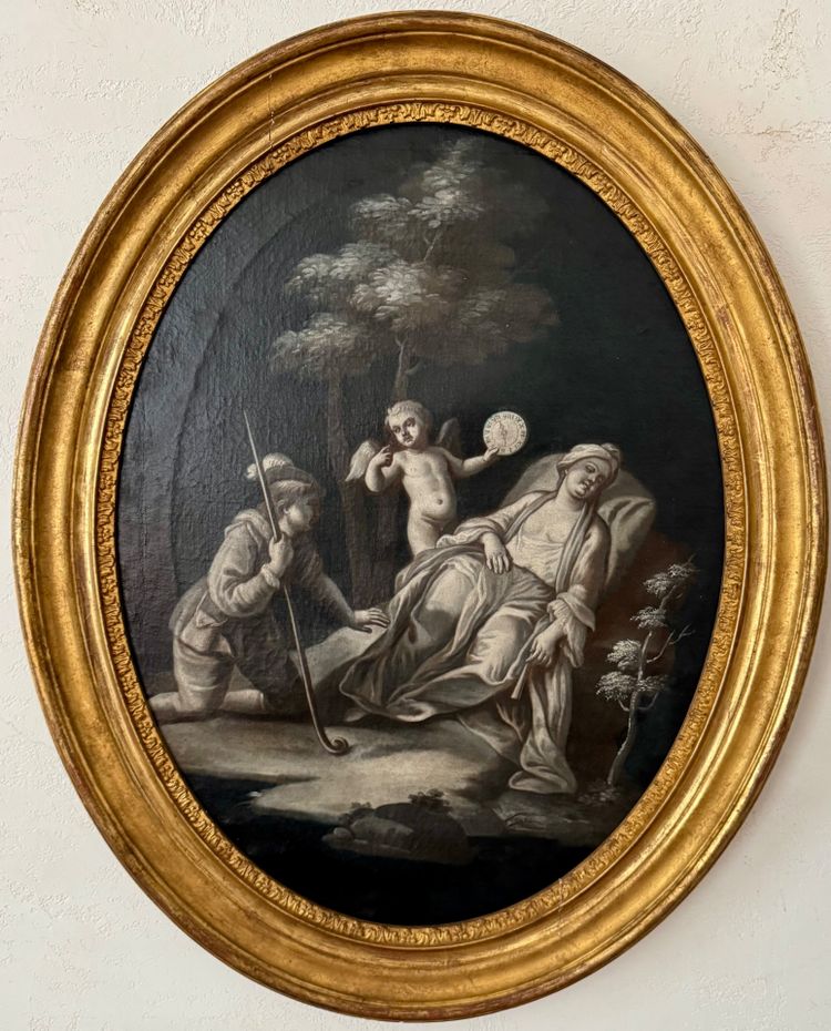Paire de grandes grisailles en medaillons  « scène à l’antique » 18ème