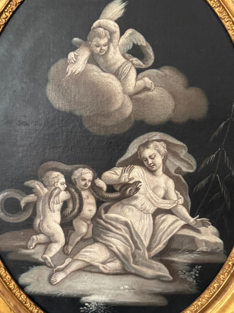Paire de grandes grisailles en medaillons  « scène à l’antique » 18ème