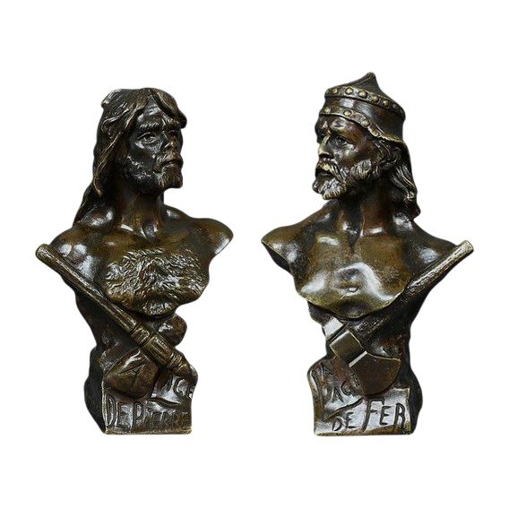 Paar Bronzebüsten "Steinzeit & Eisenzeit" signiert J. Garnier - Ende 19.