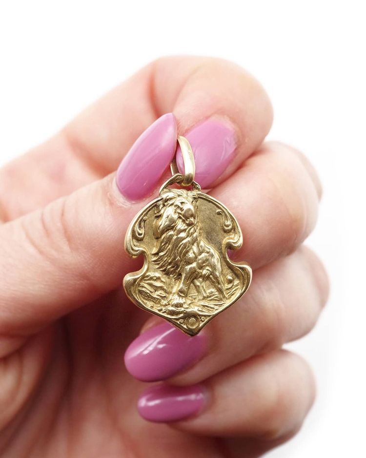 Medaglia Gustave Soury Lion in oro 18 carati, segno zodiacale, medaglia antica, firmata