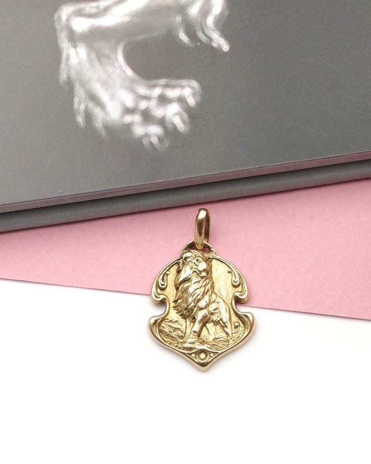 Medaglia Gustave Soury Lion in oro 18 carati, segno zodiacale, medaglia antica, firmata