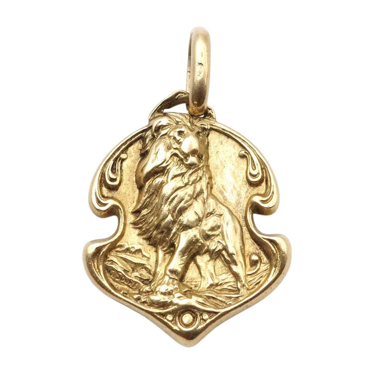 Medaglia Gustave Soury Lion in oro 18 carati, segno zodiacale, medaglia antica, firmata