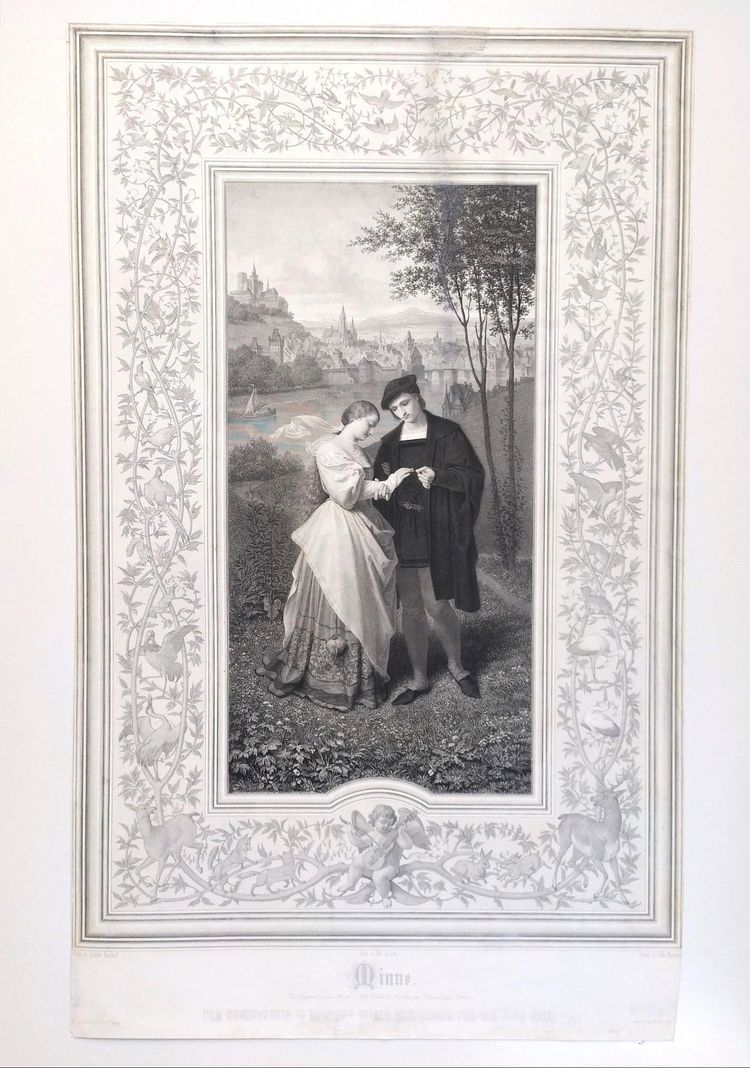 l'Anneau des Fiançailles Incisione romantica dopo Ludwig Kachel XIX secolo