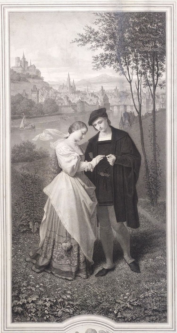 l'Anneau des Fiançailles Incisione romantica dopo Ludwig Kachel XIX secolo
