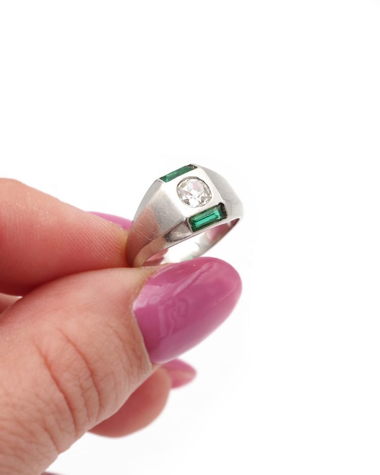Anello con diamante Art Déco in platino, smeraldo, 0,30 carati taglio vecchio, anello con serbatoio, gioielli Art Déco