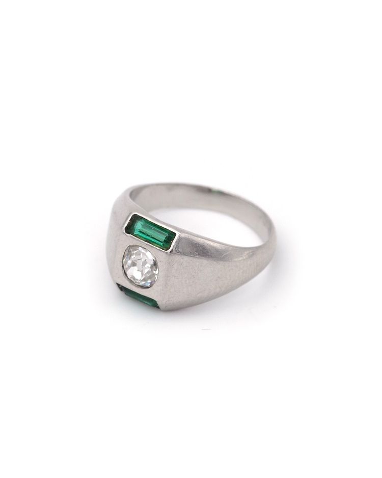 Anello con diamante Art Déco in platino, smeraldo, 0,30 carati taglio vecchio, anello con serbatoio, gioielli Art Déco
