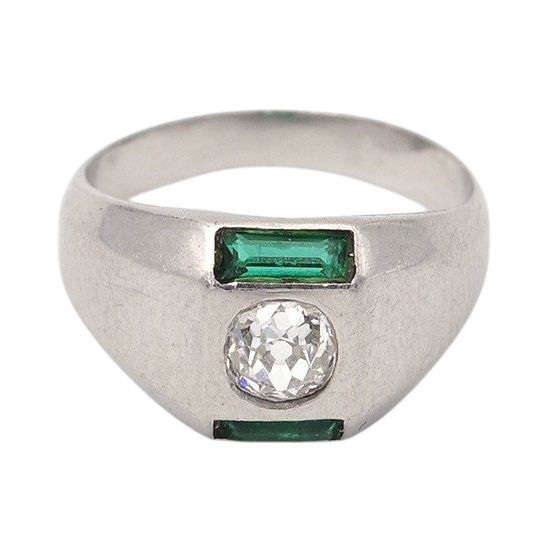 Anello con diamante Art Déco in platino, smeraldo, 0,30 carati taglio vecchio, anello con serbatoio, gioielli Art Déco