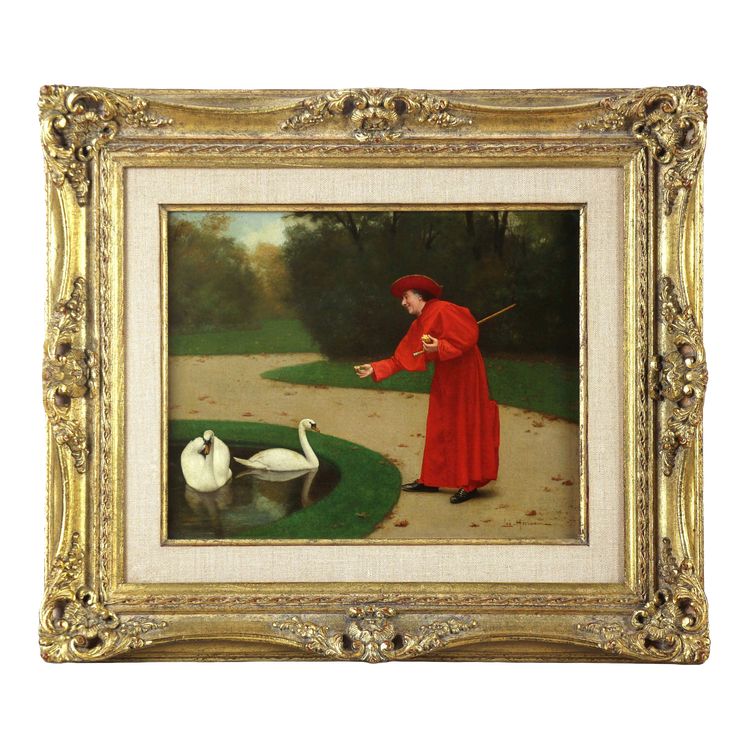 French oil painting on canvas " Cardinal feeding the swans " by Leo Herrmann