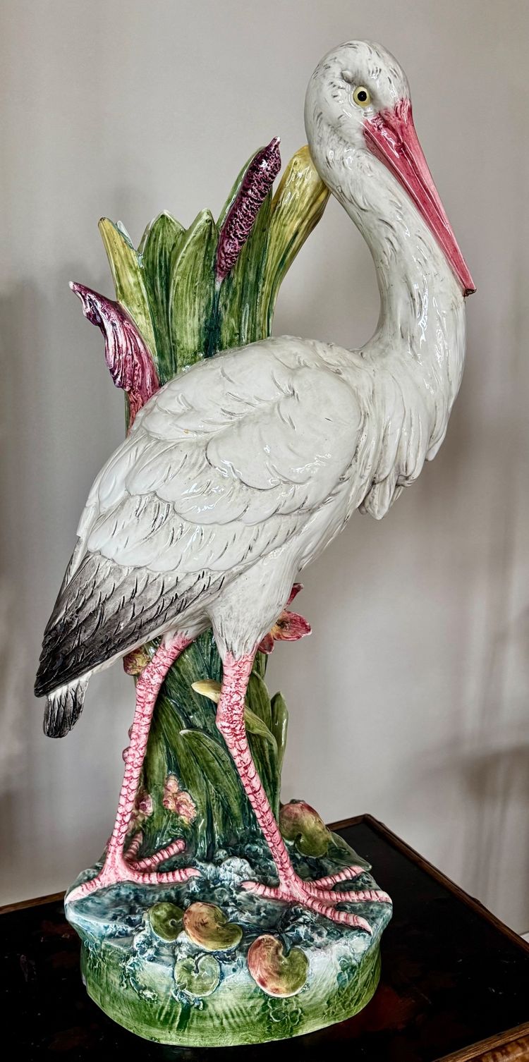 Important Art Nouveau Barbotine Heron Vase