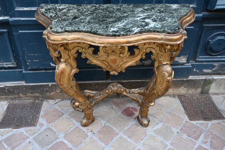 Console en bois doré , à 4 pieds Italie XVIII