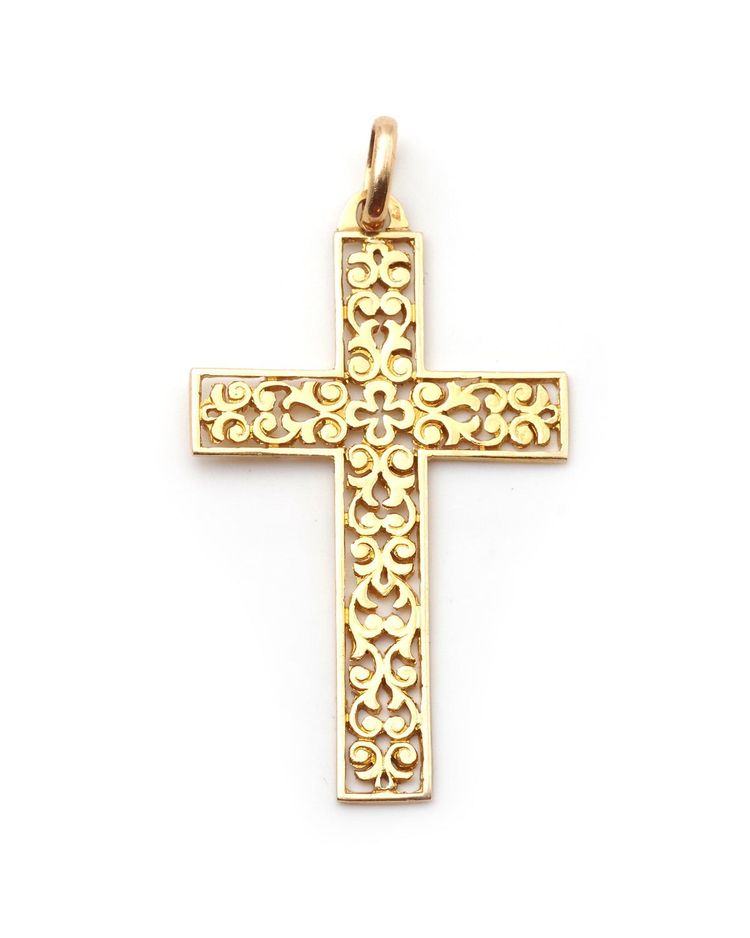 Openwork French 18k gold cross, religious pendant, christian gold cross