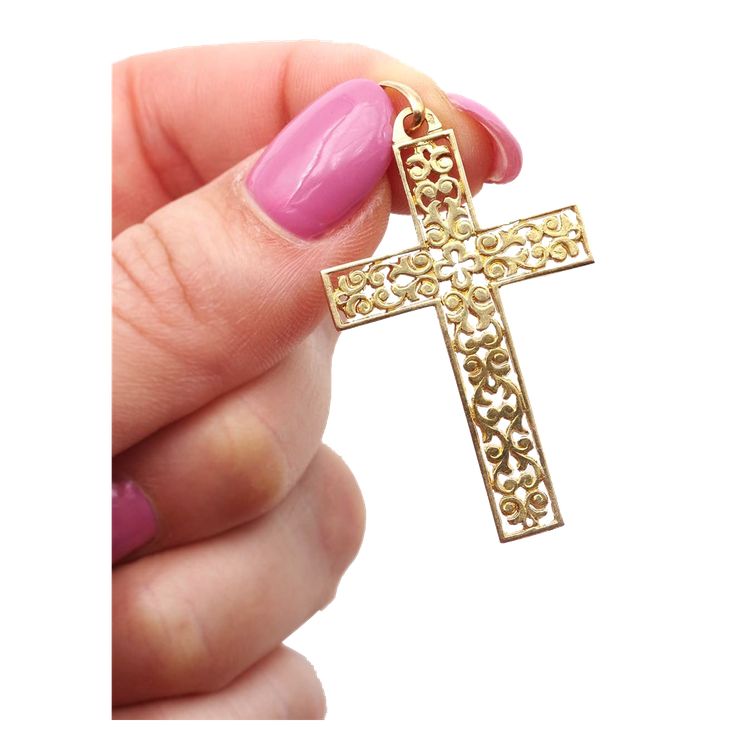 Openwork French 18k gold cross, religious pendant, christian gold cross
