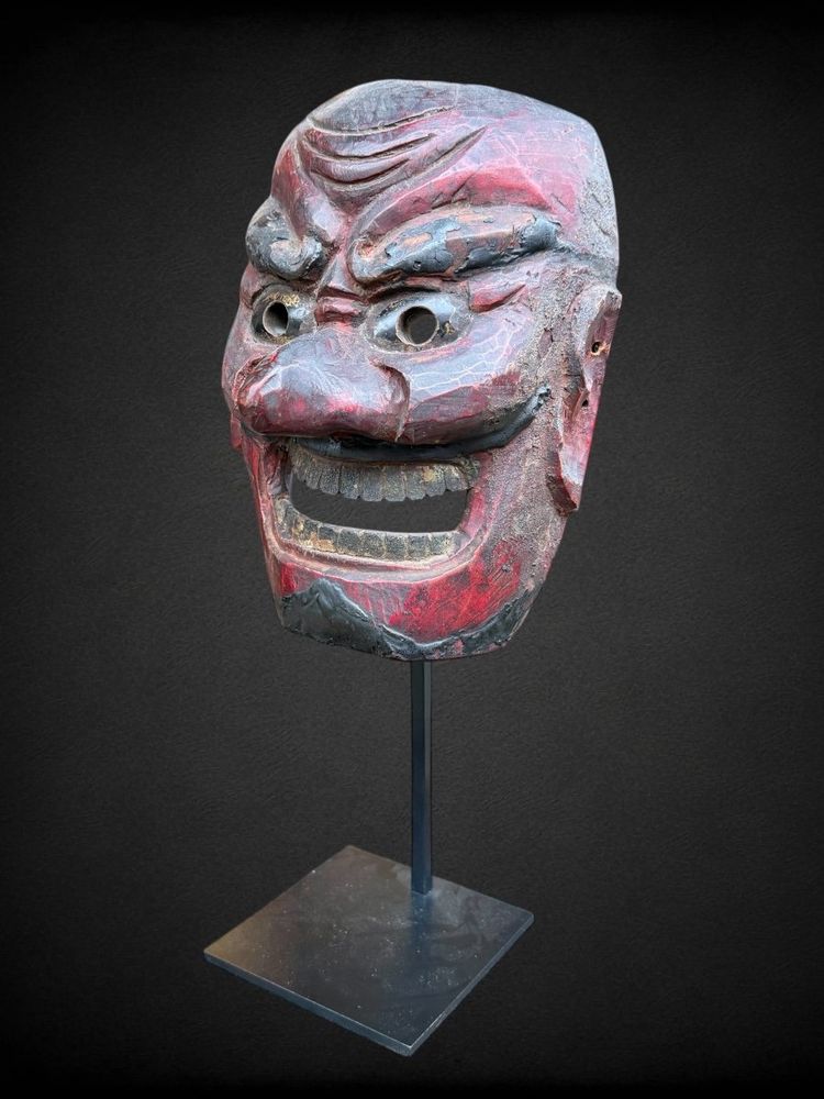 Masque Kagura, Type Démon,  En Bois Monoxyde Sculpté  - Période Edo (1603 - 1868).