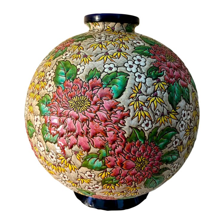 Emaillierte Blumenvase aus Longwy - Einzelstück signiert M. P. Chevallier, Januar 1943