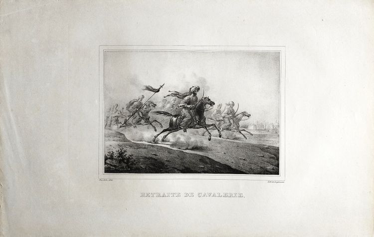 Antique Lithograph By Engelmann 19th C Cavalry Retreat 19th C Arabian Horse Battle Old Print