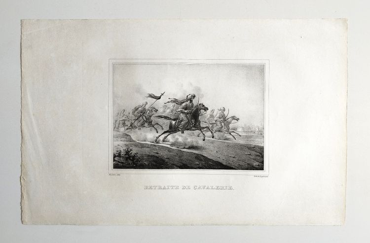 Antique Lithograph By Engelmann 19th C Cavalry Retreat 19th C Arabian Horse Battle Old Print