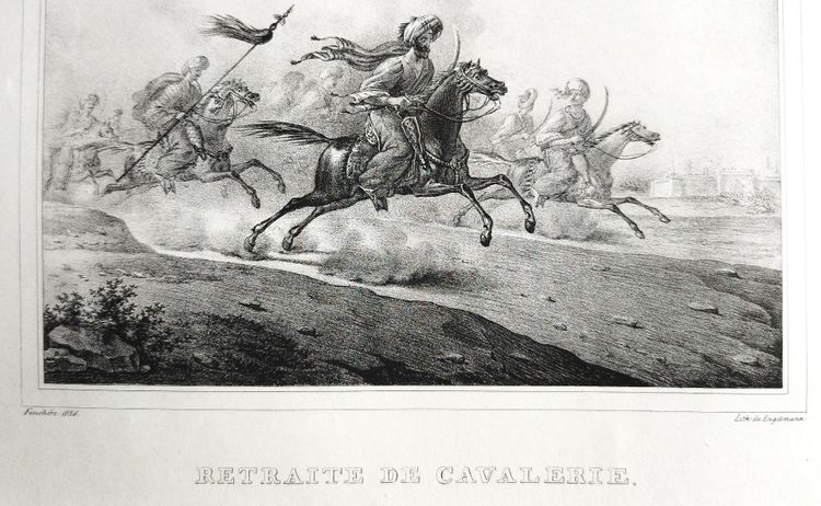 Antique Lithograph By Engelmann 19th C Cavalry Retreat 19th C Arabian Horse Battle Old Print