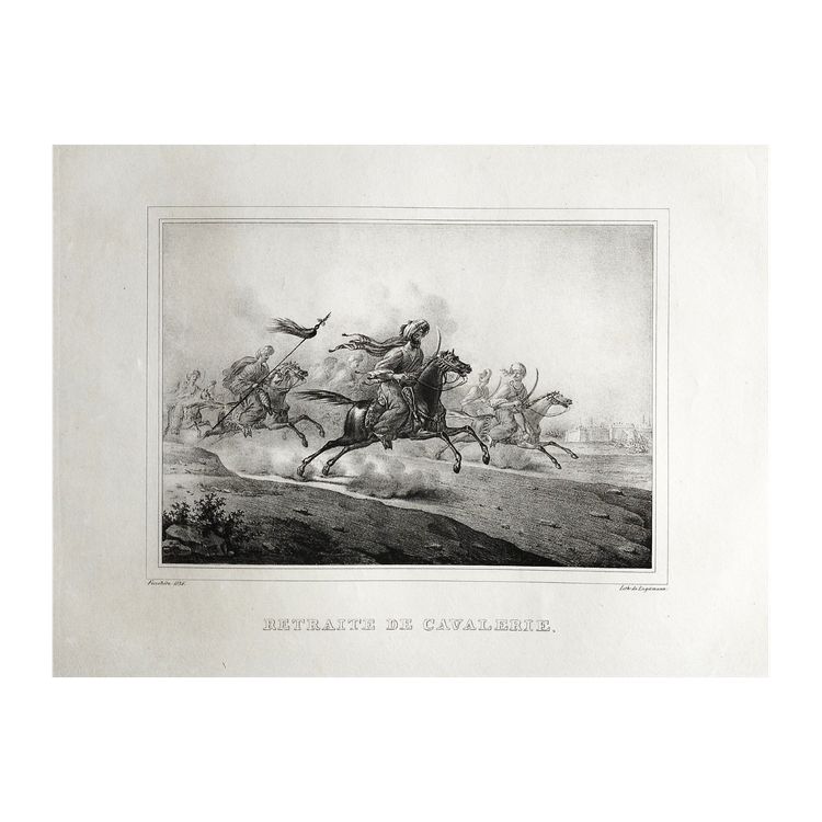 Antique Lithograph By Engelmann 19th C Cavalry Retreat 19th C Arabian Horse Battle Old Print