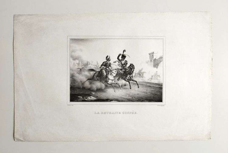 Lithographie Ancienne Par Engelmann  La Retraite coupée 19ème cheval arabe bataille